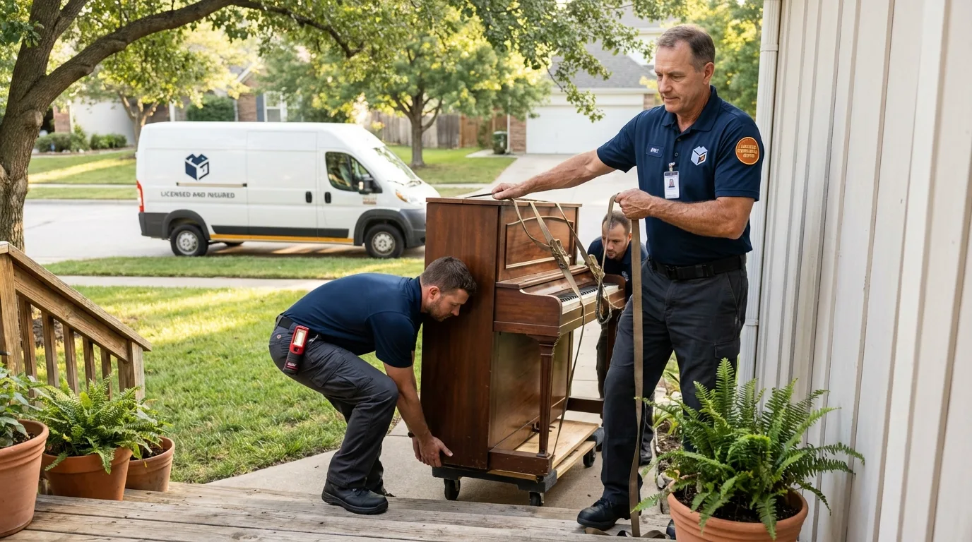 Licensed piano movers securing grand piano in Washington, IA