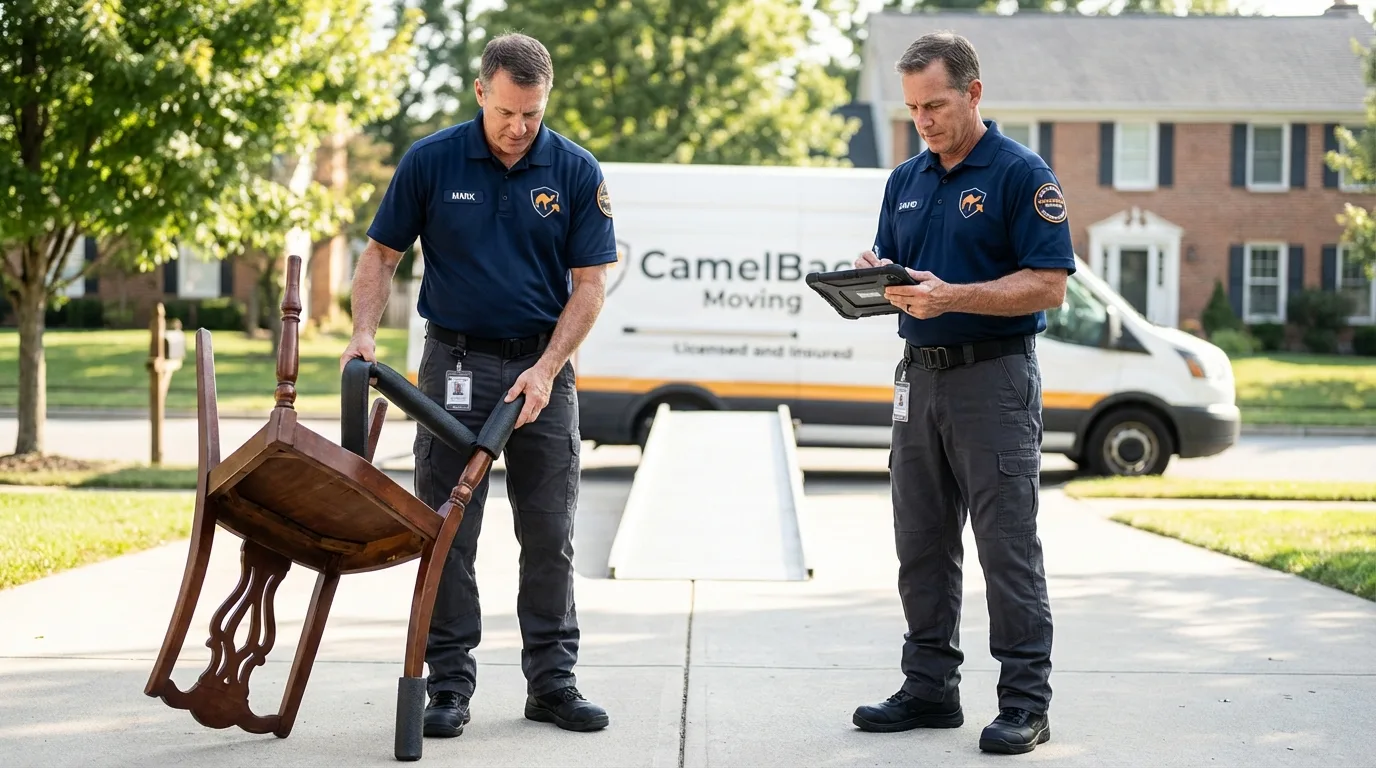 Movers inspecting furniture for damage prevention before loading in Washington, IA