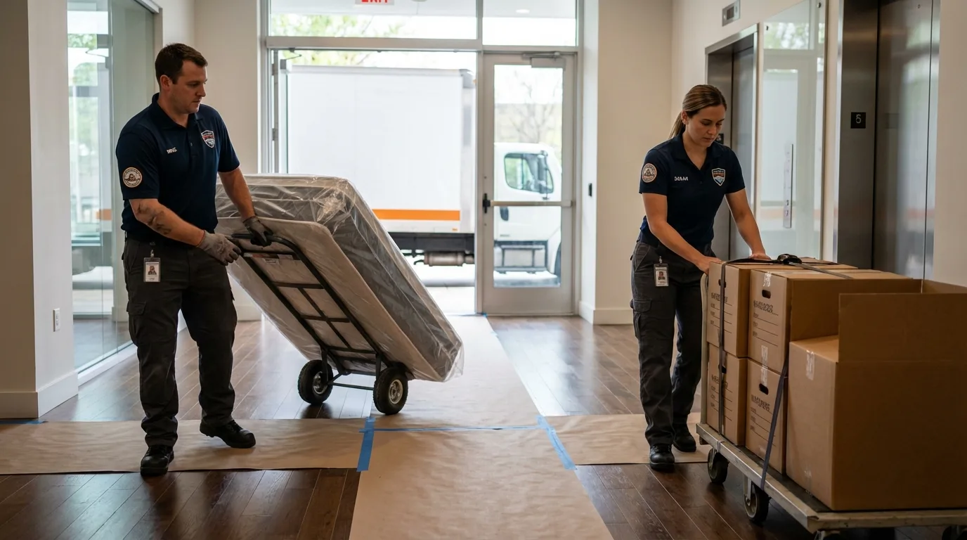 Professional apartment movers loading elevator in Washington, IA