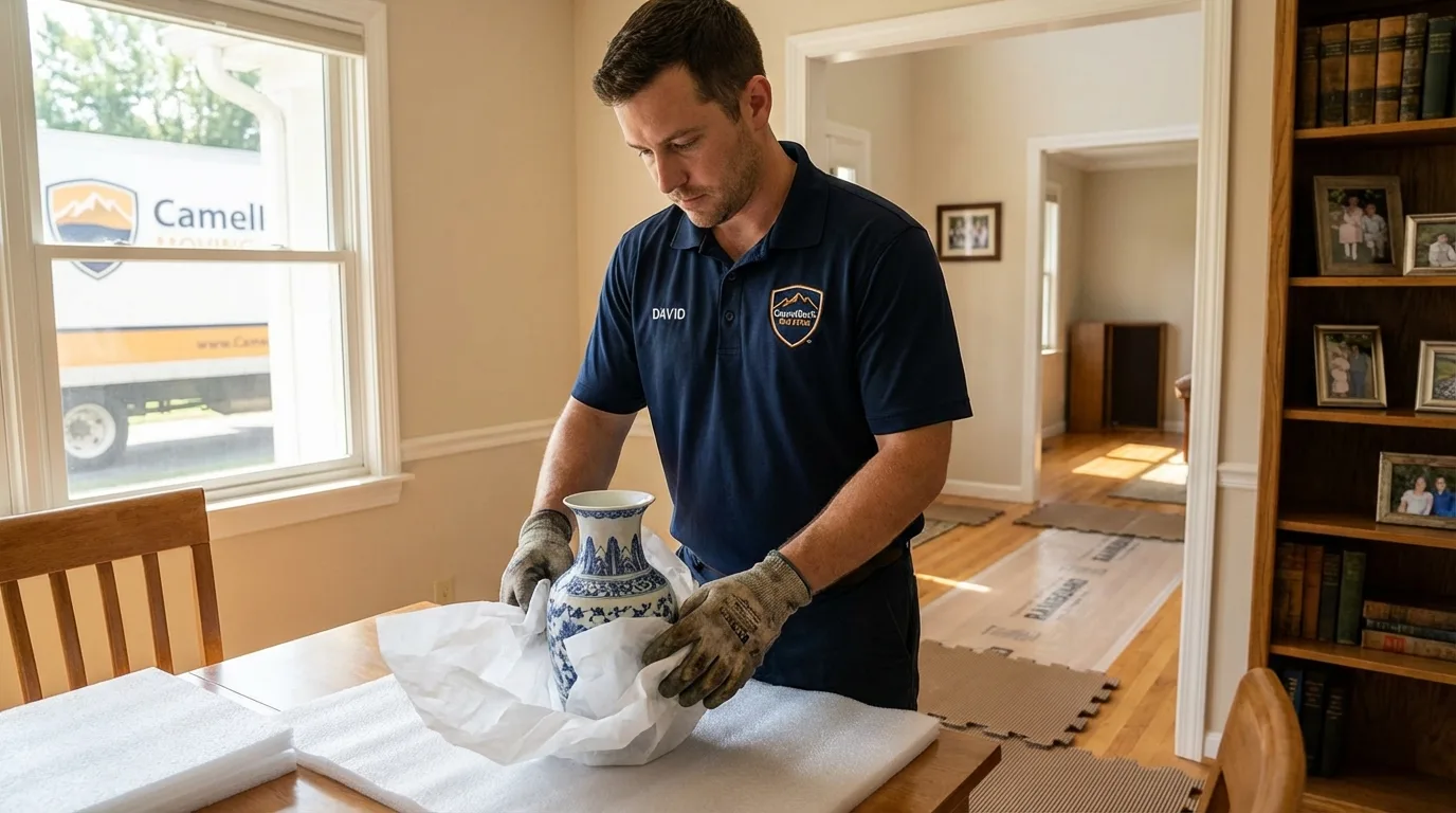 Professional crew carefully wrapping antique vase for senior downsizing move in Washington, IA