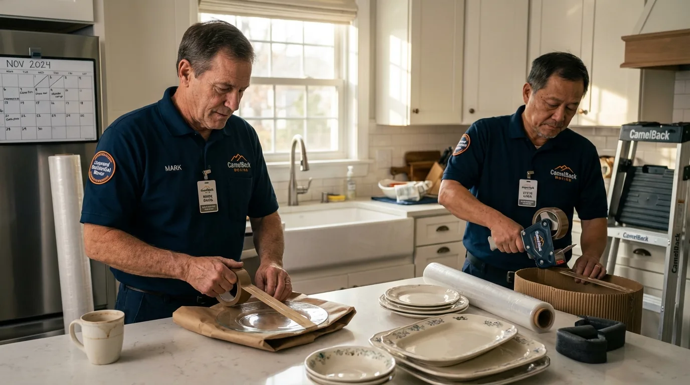 Professional crew packing kitchen dishware in Washington, IA